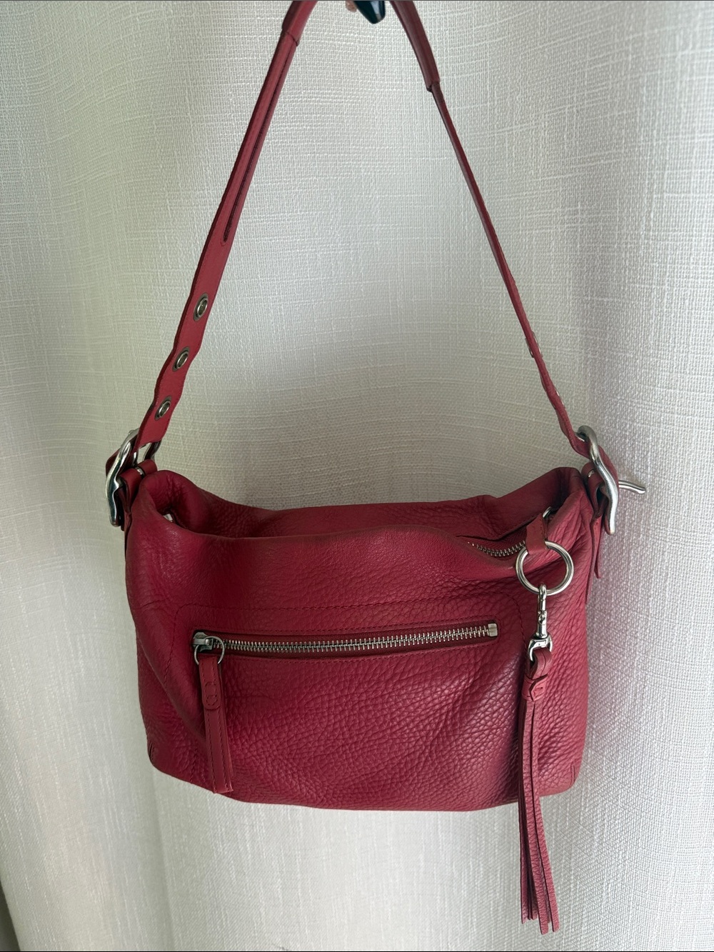 Coach East/West Duffle Bag Red Pebbled Leather Tassel Silver Hardware Vintage